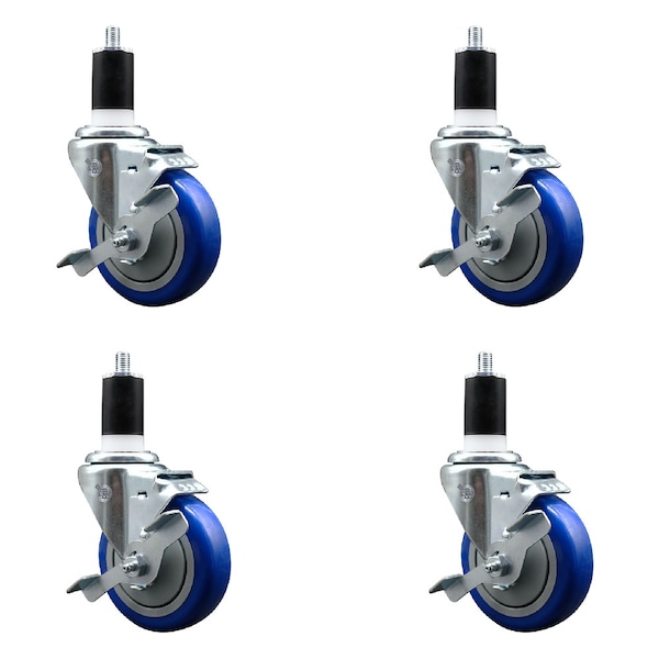 Service Caster 4'' SS Blue Poly Swivel 1-1/2'' Expanding Stem Caster Set with Brake, 4PK SCC-SSEX20S414-PPUB-BLUE-TLB-112-4 - main